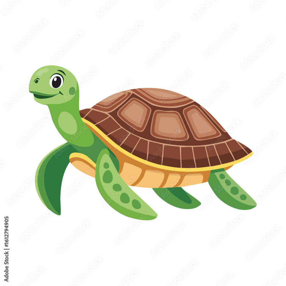 Obraz premium A friendly cartoon turtle with a green body and brown shell on a white background