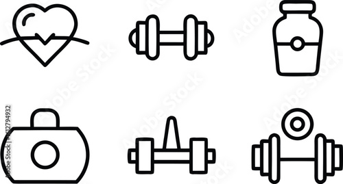 Fitness and Health Line Icon Set with Weights and Heart