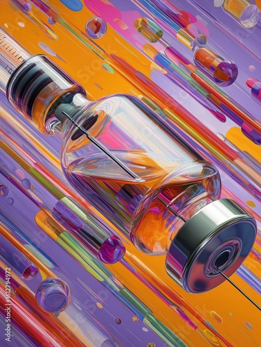 A stylized, colorful digital illustration of a medical vial and syringe against a vibrant, abstract background with dynamic streaks and floating droplets.