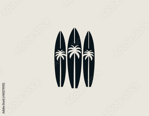 Stylized dark blue surfboards with white palm tree silhouettes for a tropical aesthetic. Summer sport concept