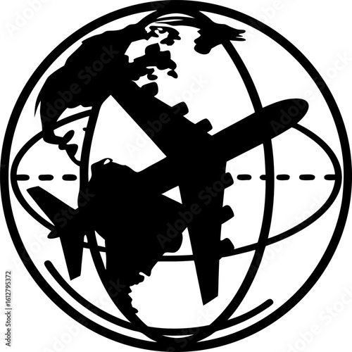 Silhouette globe with airplane and dashed travel path showing global connection