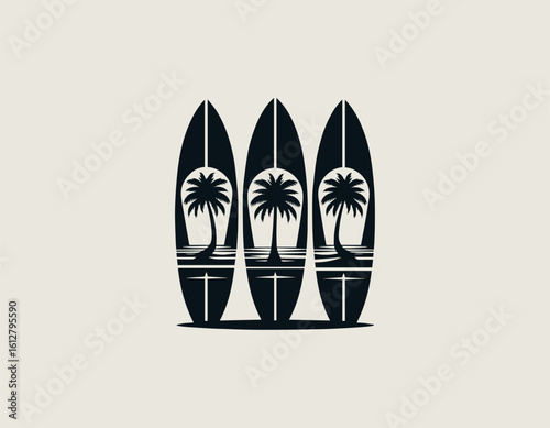 Stylized dark blue surfboards with white palm tree silhouettes for a tropical aesthetic. Summer sport concept