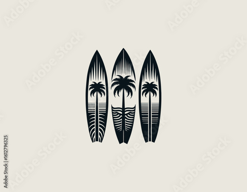 Stylized dark blue surfboards with white palm tree silhouettes for a tropical aesthetic. Summer sport concept