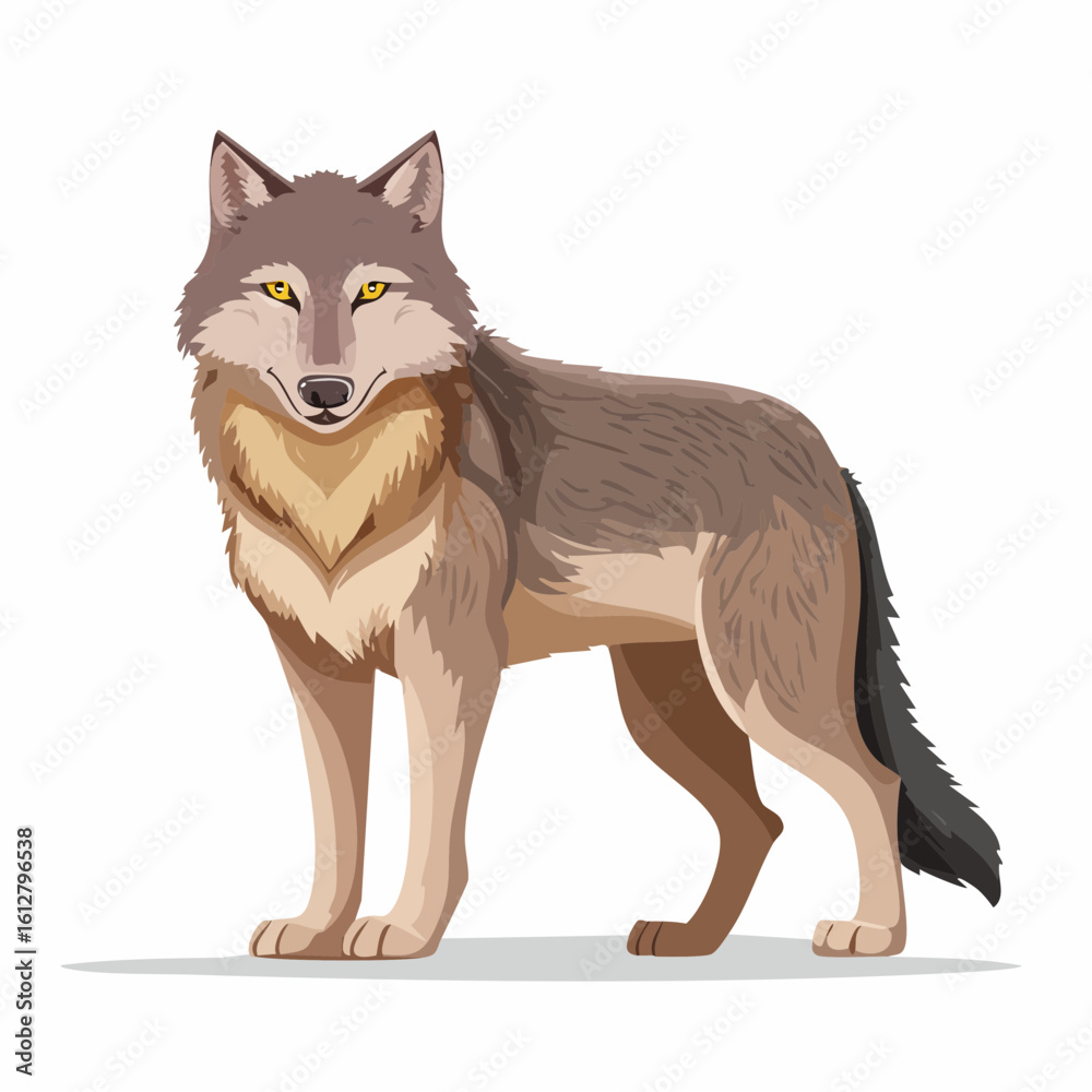 Fototapeta premium Majestic Wolf Illustration: Standing Tall with Focused Yellow Eyes and Detailed Fur