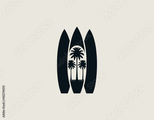 Stylized dark blue surfboards with white palm tree silhouettes for a tropical aesthetic. Summer sport concept