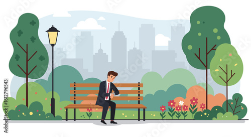 Flat illustration of a man with suit sitting on city park bench, looking his wrist watch