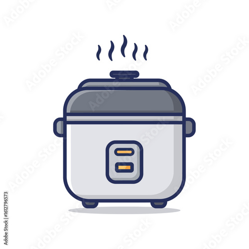 Flat icon illustration of a rice cooker with steam coming out, soft muted tones, soft shadow, bold navy outline, isolated on white