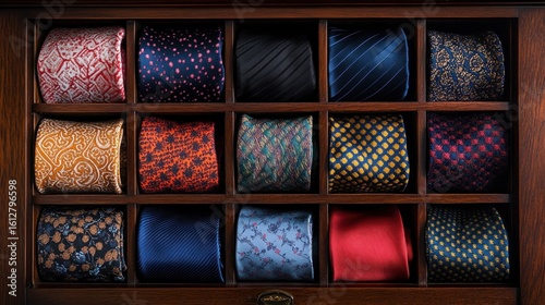 A collection of fine silk ties and pocket squares in various patterns and colors, artfully arranged in a wooden drawer, sartorial elegance, rich textures and colors, top-down shot.