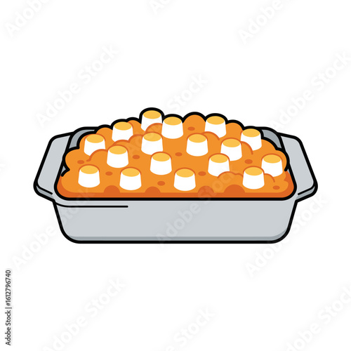 Flat icon illustration of sweet potato casserole, bold outline, isolated on white