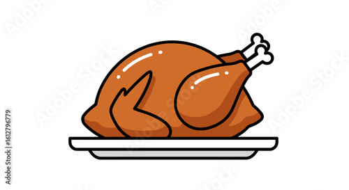 Flat icon illustration of roasted turkey on plate, bold outline, isolated on white