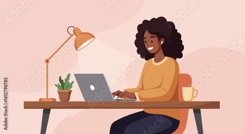 Flat illustration of A remote worker typing on a laptop at a cozy home desk setup with a coffee mug and plant