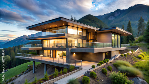Hillside modern residence with cantilevered design and mountain backdrop
