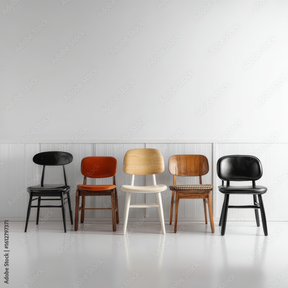 Obraz premium Five assorted chairs arranged in a row, showcasing a range of colors and designs