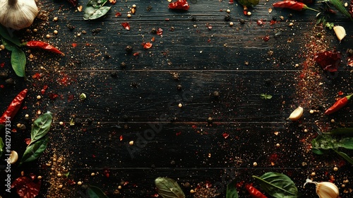 Fototapeta Naklejka Na Ścianę i Meble -  Assorted spices and herbs arranged on a dark wooden surface.