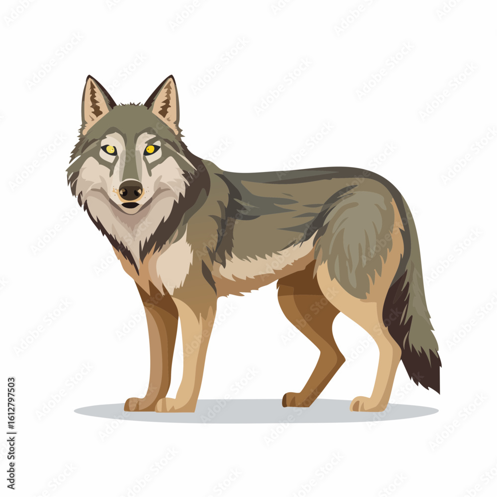 Naklejka premium Captivating depiction of a majestic wolf standing confidently on a white background