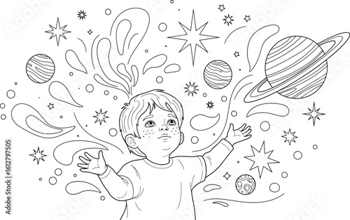Vector art of a boy imagines planets and stars in space, isolated on white background