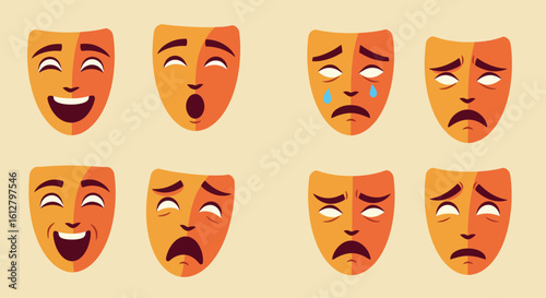 A collection of illustrated masks depicting a wide range of human emotions. Flat design character faces showing various feelings.