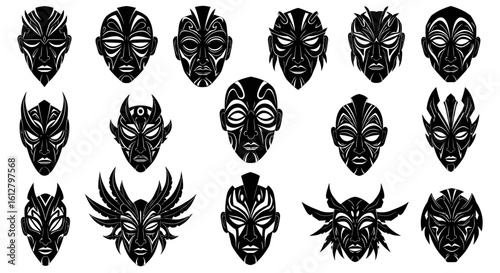 Vector set of stylized ethnic masks. Black silhouettes of aboriginal, tribal, and ancient ceremonial face symbols for cultural design.