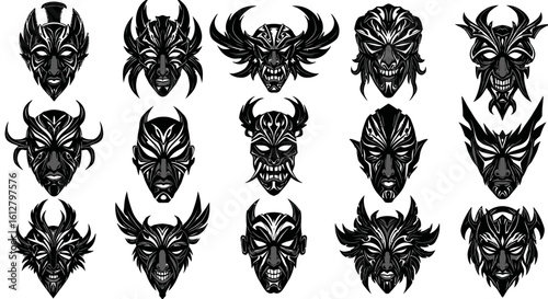 A diverse collection of intricate black and white mystical masks with tribal patterns, evoking the spirits of ancient warriors and guardians.