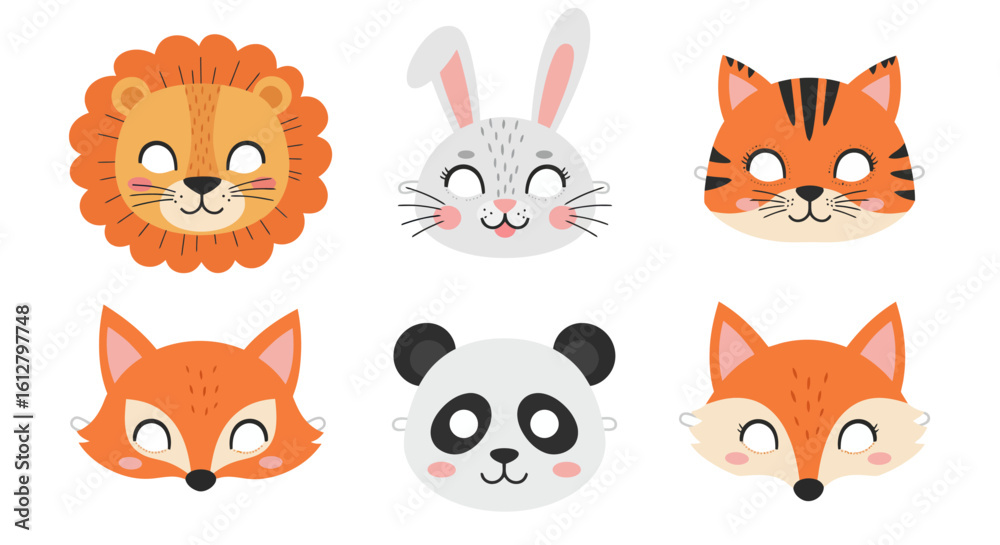 Obraz premium Set of cute cartoon animal face masks for a children's costume party. Vector illustration props with lion, tiger, panda, fox, and rabbit.