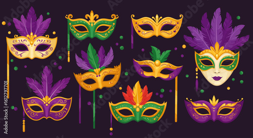 A vibrant collection of illustrated carnival masks in purple, green, and gold, adorned with feathers and beads for a festive masquerade celebration.