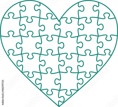 Vector art of a heart made of puzzle pieces symbolizes love and connection, isolated on white background