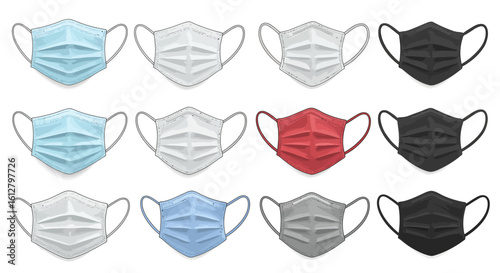 A diverse collection of realistic medical face masks in multiple colors. Protective surgical masks for respiratory safety, isolated on a white background.