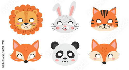 Set of cute cartoon animal face masks for a children's costume party. Vector illustration props with lion, tiger, panda, fox, and rabbit.
