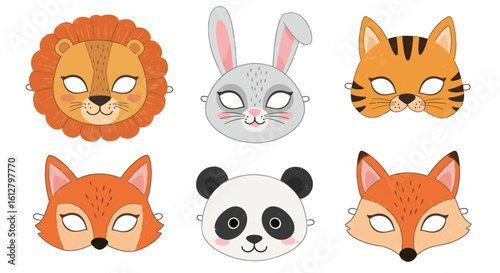 Set of cute cartoon animal face masks for children's parties. Includes lion, tiger, rabbit, fox, and panda characters.
