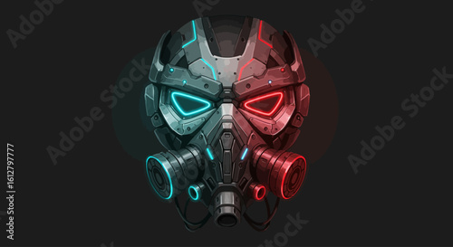 Futuristic combat helmet with red and blue neon lights on a dark background. Sci-fi digital illustration of a soldier's mask.