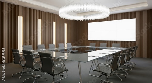 Modern conference room with large square table and projection screen ready for presentation