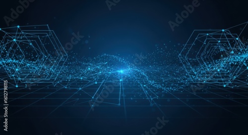 Abstract glowing blue digital network with interconnected lines and nodes on a dark background