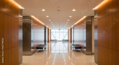 Modern office hallway with sleek design and natural light