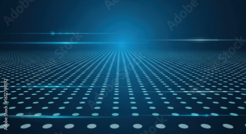Abstract digital grid with glowing blue lights receding into a futuristic technological background