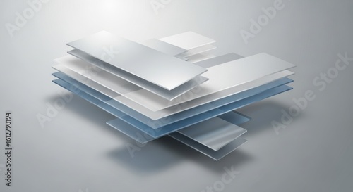Abstract geometric stack of translucent white and blue layered planes creating a modern design