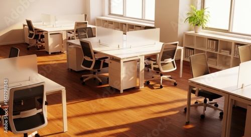 Bright and modern open plan office space with natural light and wooden floors