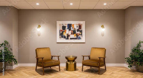 Elegant waiting area with two vintage armchairs and abstract art above a golden accent table