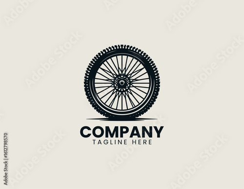 Detailed black bicycle wheel with spoked rim and textured tire tread. Transportation concept