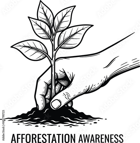 Vector art of a hand gently plants a young tree seedling into the earth, symbolizing afforestation awareness and environmental conservation isolated on white background