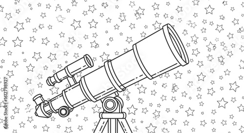 Vector art of a telescope points towards a starfilled sky, symbolizing astronomy, space exploration, and scientific discovery isolated on white background