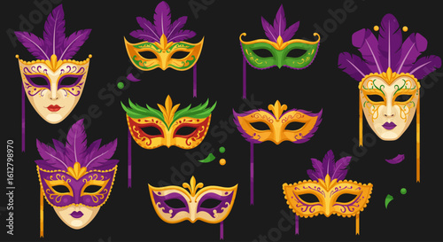 Vibrant collection of ornate Mardi Gras carnival masks. Set of masquerade festival face coverings with feathers and beads.