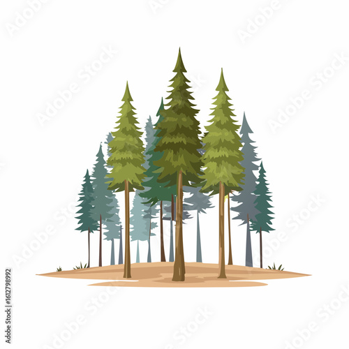 Serene forest illustration featuring tall green pine trees in a tranquil setting