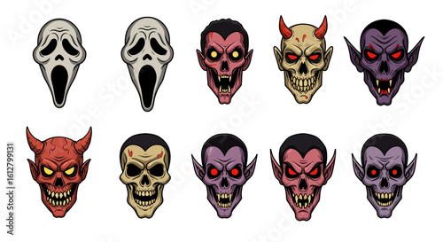 Set of Halloween monster heads featuring screaming ghosts, demonic skulls, and evil vampires. Vector horror character illustration collection.