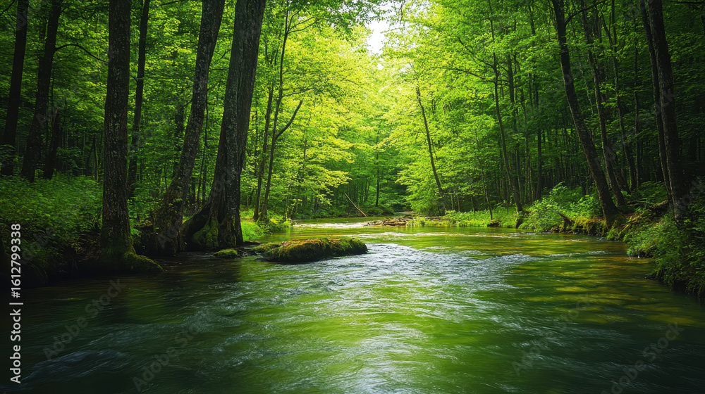Fototapeta premium Serene river flows through lush green forest, surrounded by tall trees and vibrant foliage. sunlight filters through leaves, creating peaceful atmosphere