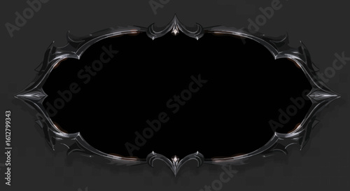 Elegant gothic fantasy frame with an ornate, dark metallic border. An intricate and decorative vintage design element with a black background.