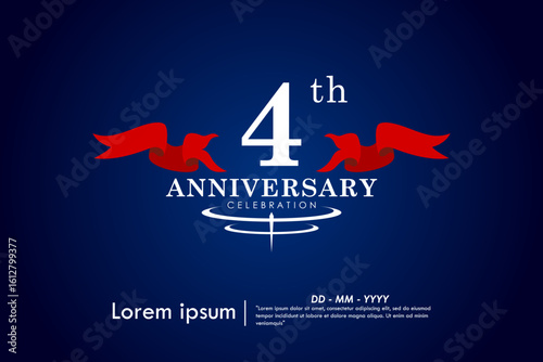 4th years anniversary celebration emblem. congratulations elegant anniversary logo isolated with red ribbon on dark blue background. vector illustration template design for web banner