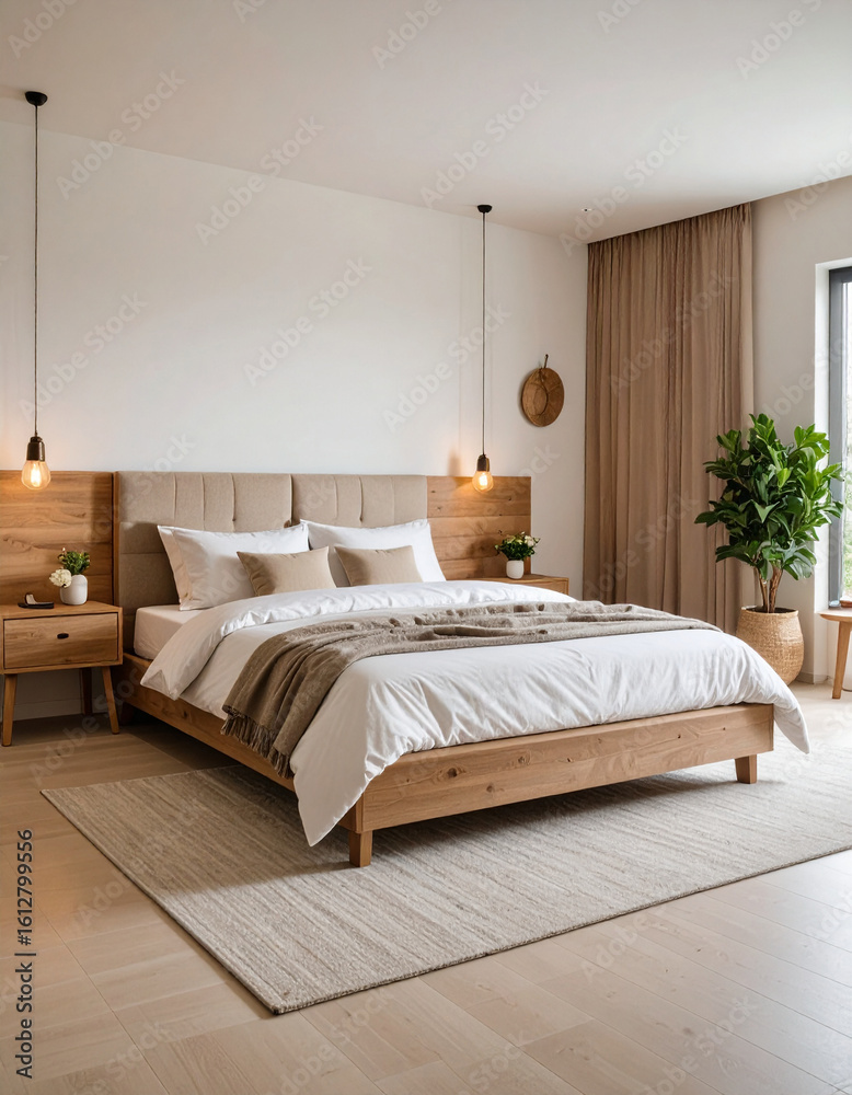 Obraz premium Cosy minimalist bedroom decoration in a scandinavian home comfortable bedchamber with pillows and plants warm natural environment