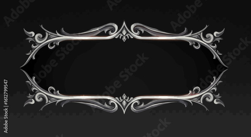 Elegant silver vintage frame with ornate baroque swirls on a dark background. Classic decorative border for invitations or titles.