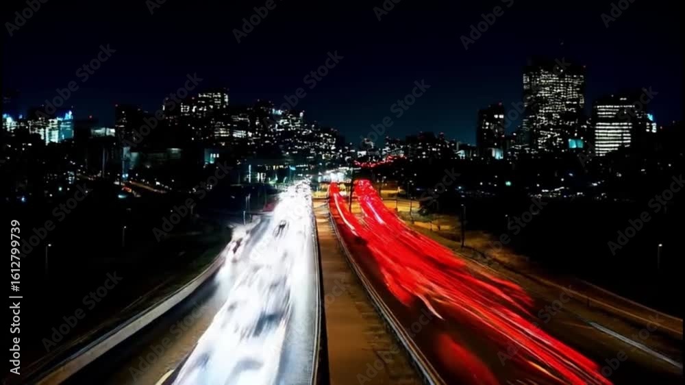 Night traffic light trails on a busy highway, a cinematic timelapse.