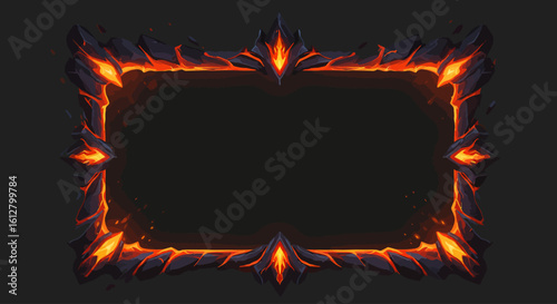 Burning fire frame with molten lava texture and glowing sparks. Abstract inferno border for fantasy or gaming design concepts.
